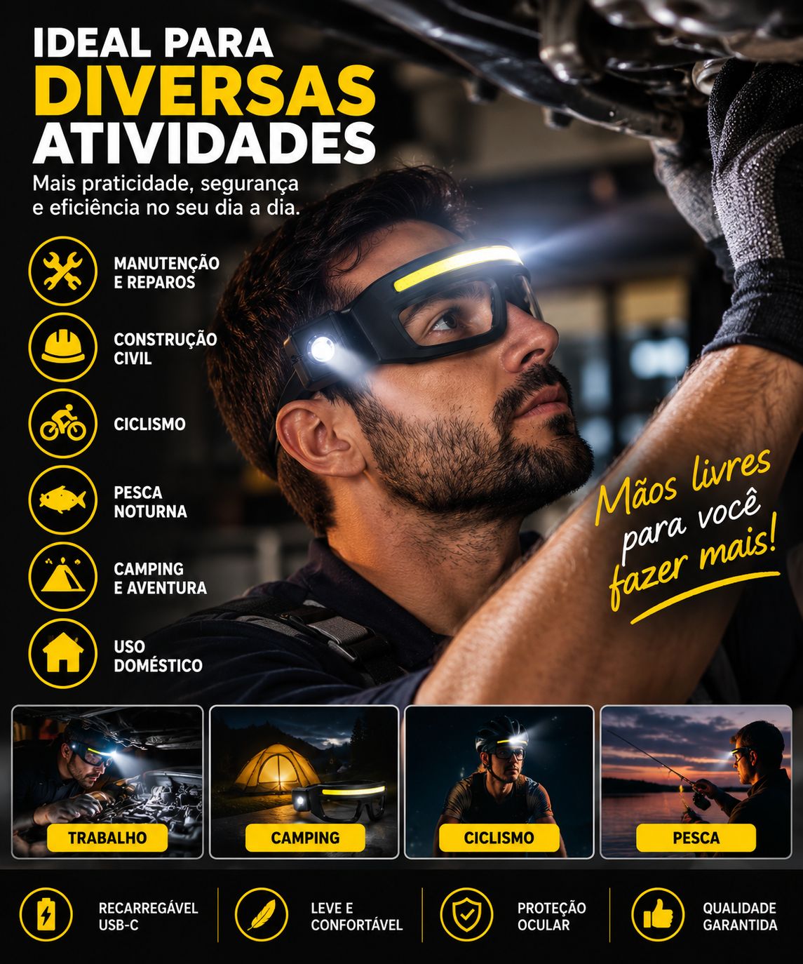 Kit completo com &oacute;culos LED, luva antiderrapante e estilete com l&acirc;minas
